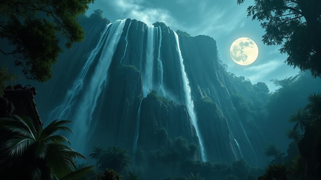 Moonlit Jungle Waterfall at Night: Photorealistic Digital Pa...