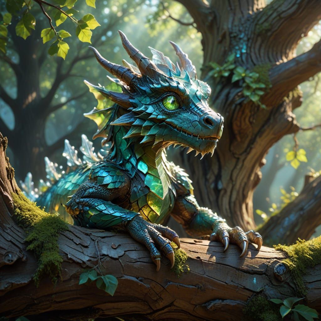Crystalline Dragon Perched on Oak Branch