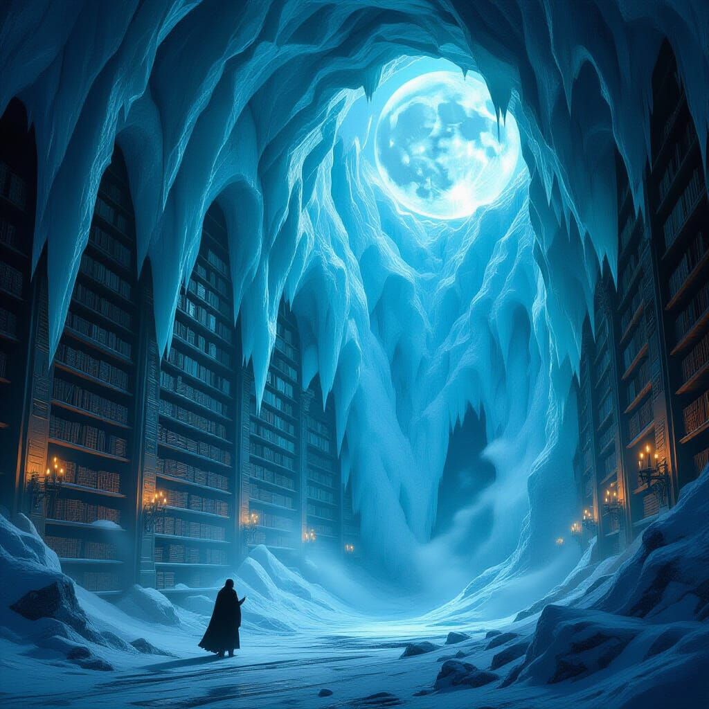 Ancient Glacier Library with Scholar in Dark Fantasy Style