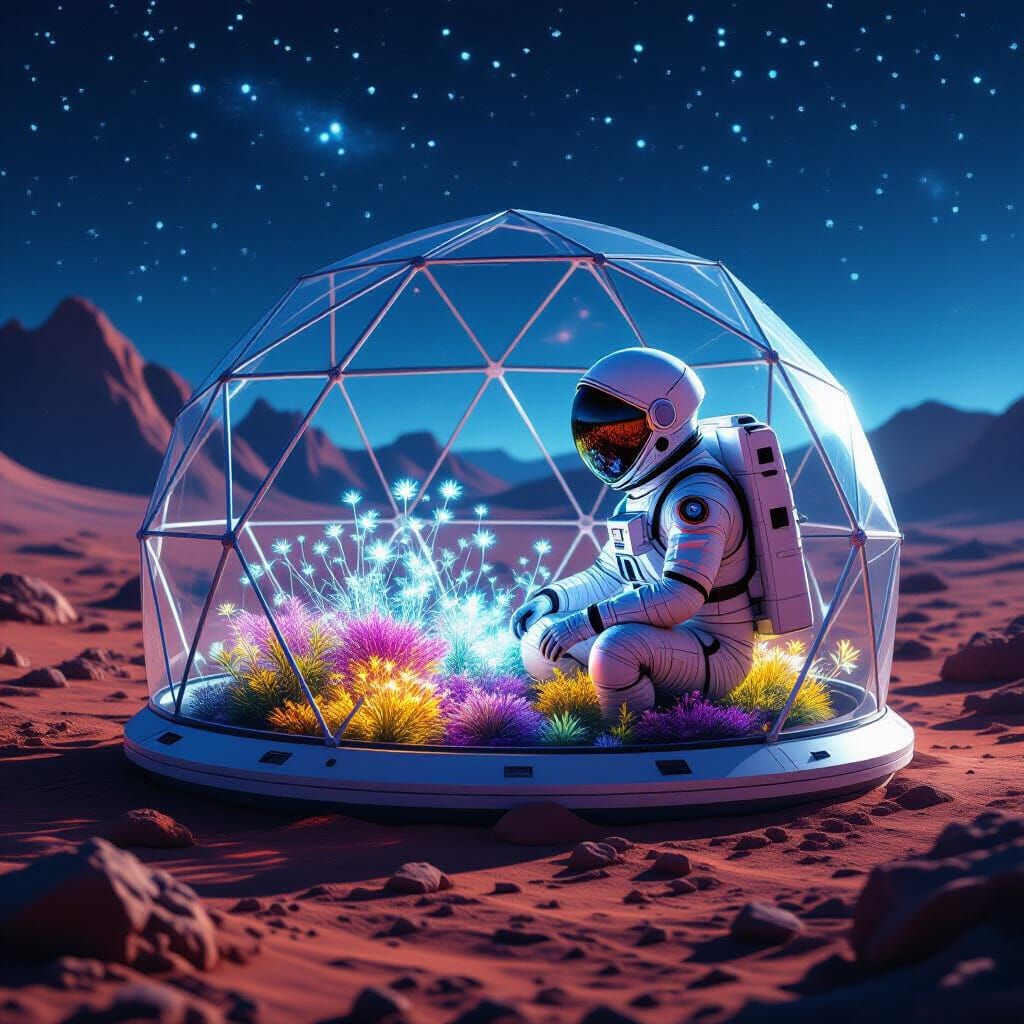 Astronaut Tends Glowing Martian Garden Under Starry Sky