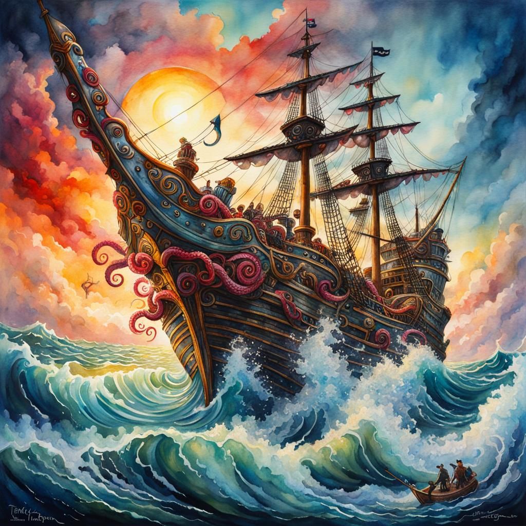 Kraken Tentacles Drag Pirate Ship: Watercolor Splash Art