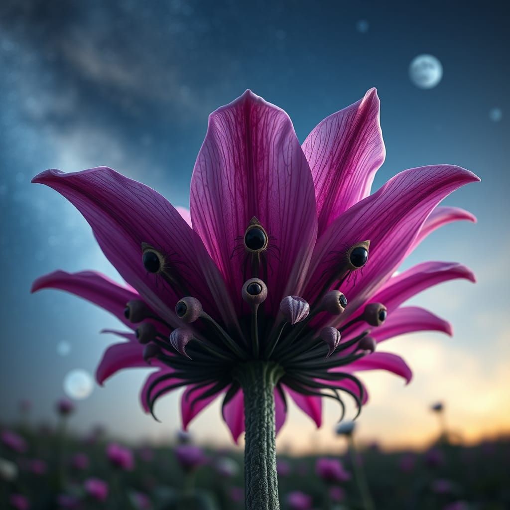 Eye-Filled Mythical Flower Rises to Space: Hyperrealistic Ph...