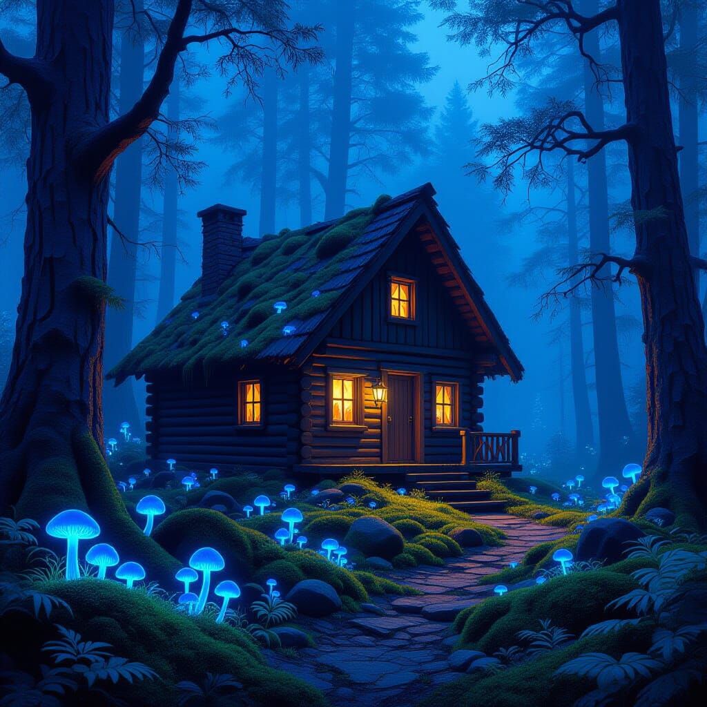 Rustic Cabin in Bioluminescent Fantasy Forest