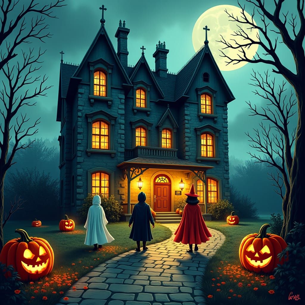 Spooky Halloween Mansion in Burton-esque Illustration Style