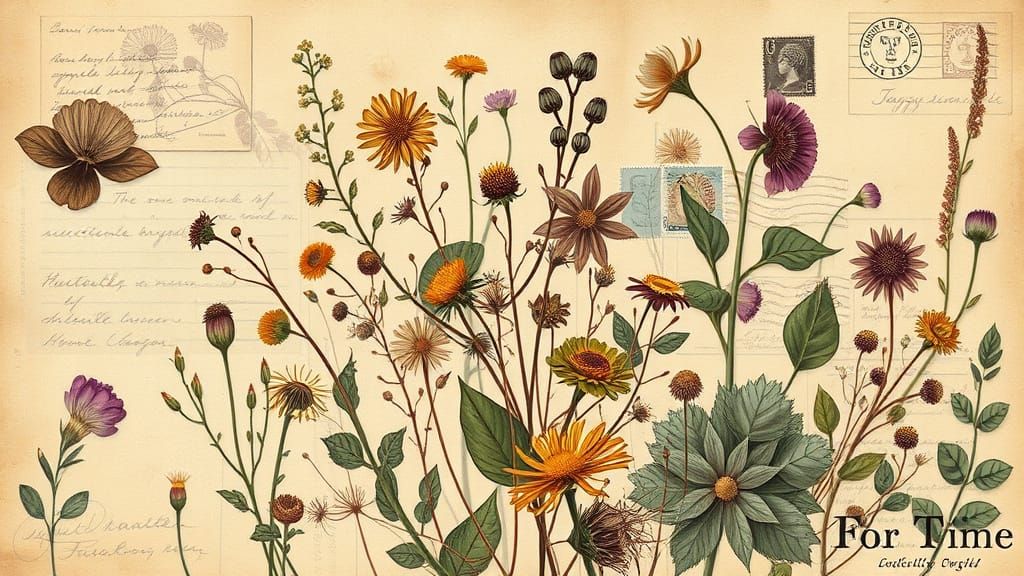 Vintage Botanical Collage with Dried Flowers and Sepia Tones