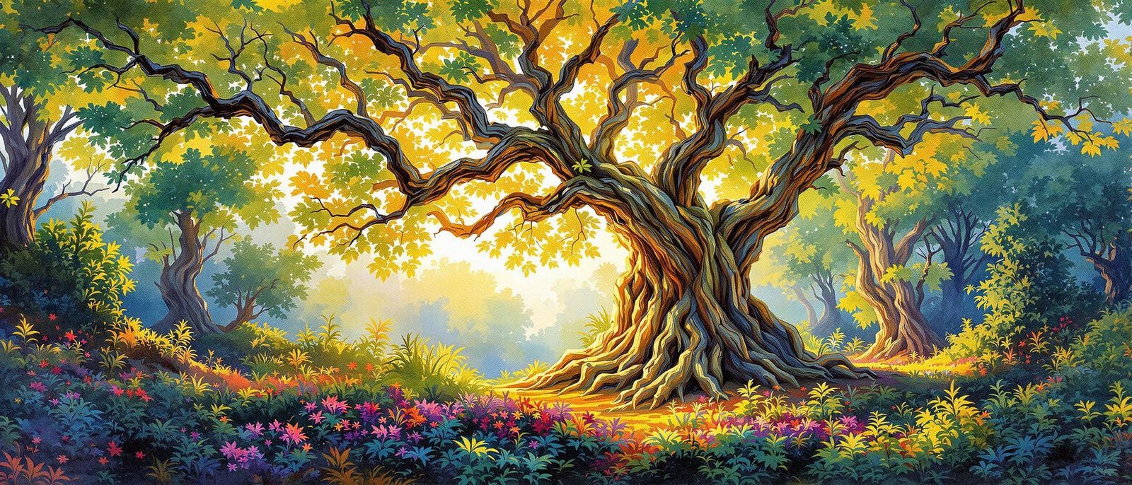 Ancient Tree in Forest: Gouache Impressionist Painting