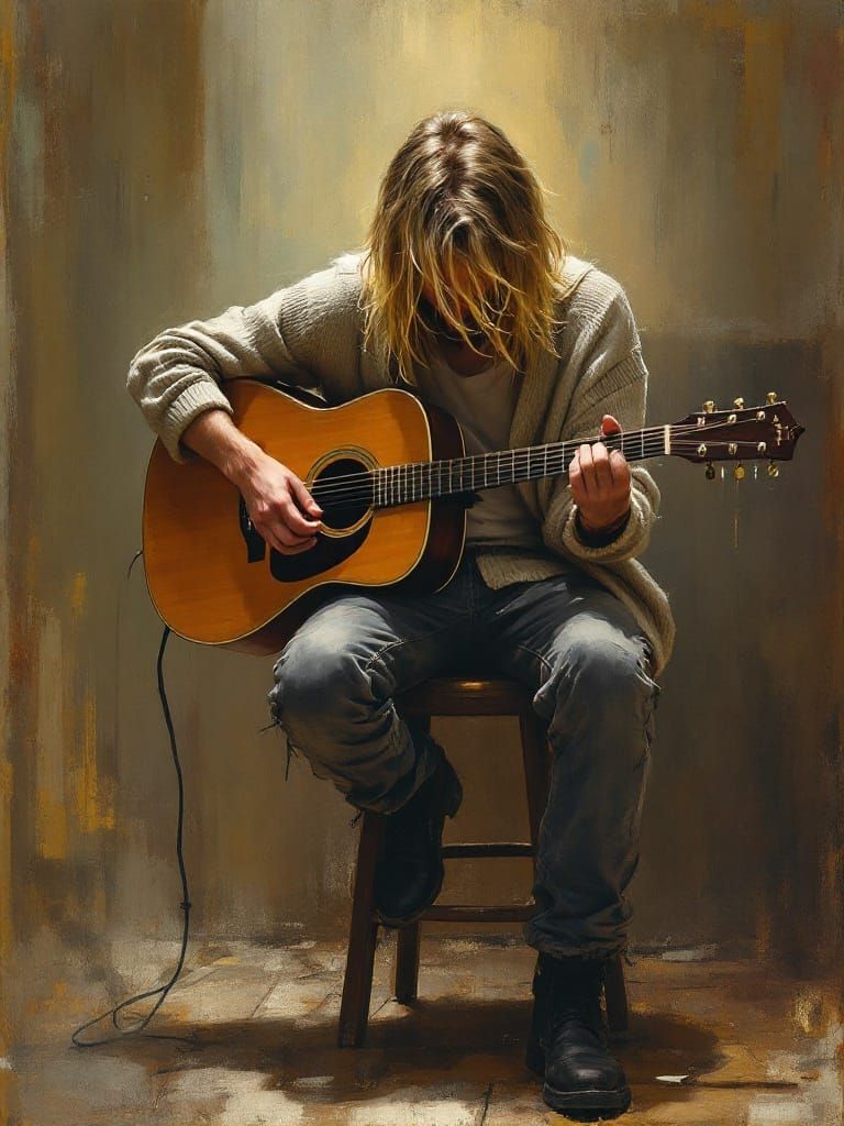 Grunge Legend Kurt Cobain in Introspective Guitar Moment