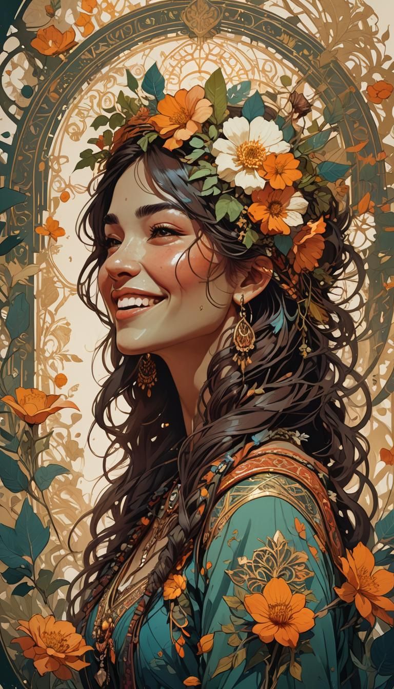 Laughing Gypsy Girl Digital Painting with Floral Accents