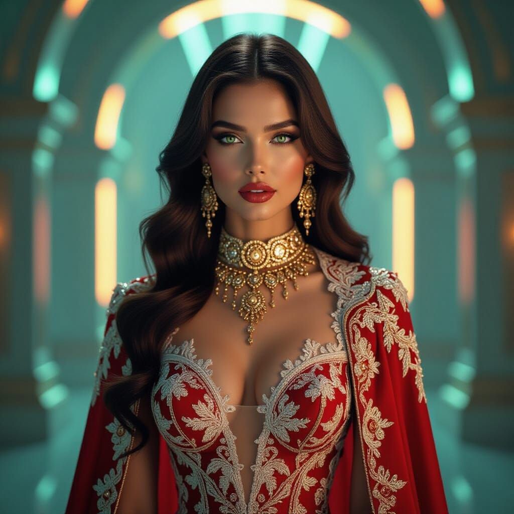 Elegant Brunette in Avant-Garde Red and Gold Gown