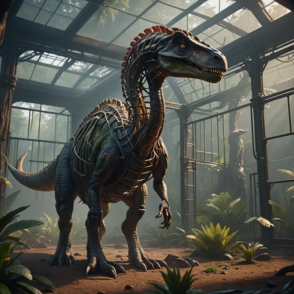 Long Neck Dinosaur in Cage, Jurassic Park Style