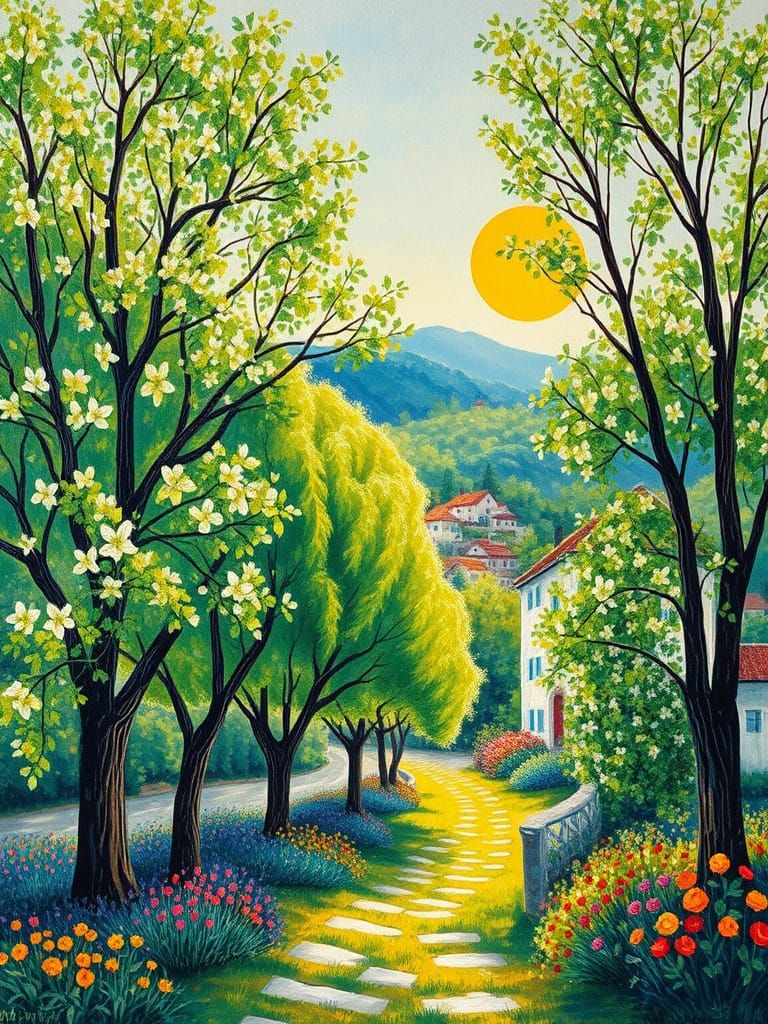 Spring Village in Impressionistic Art Nouveau Style