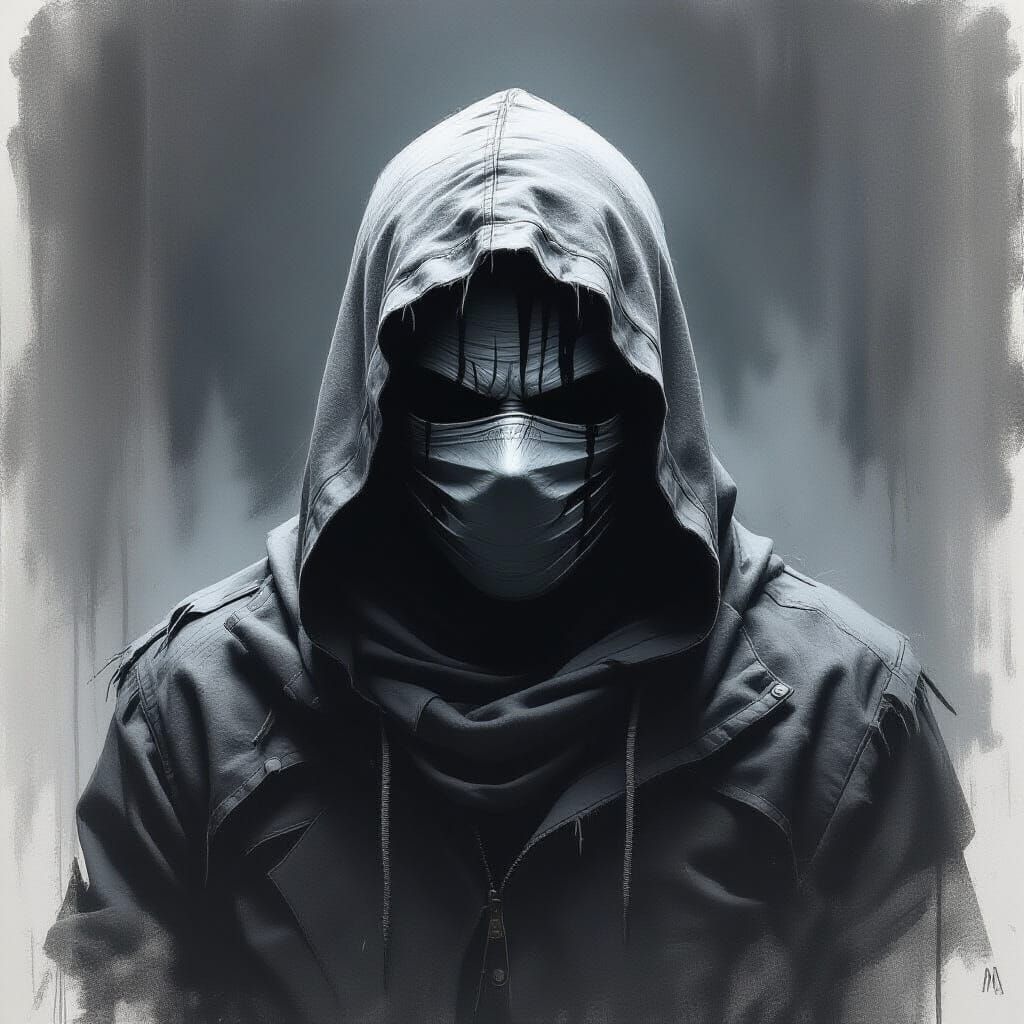 Masked Figure Consumed by Cold Rage in Charcoal