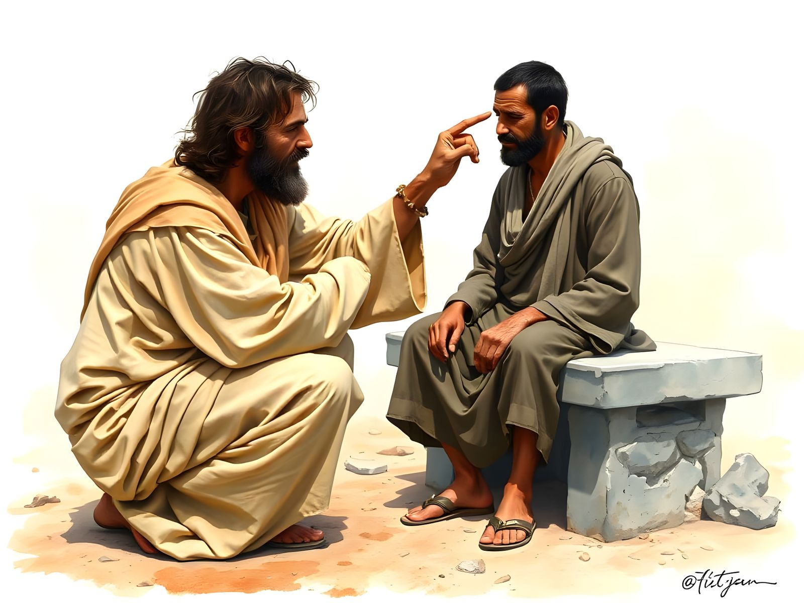 Jesus Heals Blind Man: Watercolor Painting