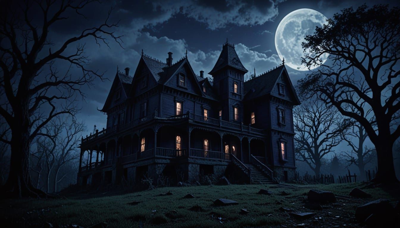 Spooky Haunted House at Night in Gothic Horror Style