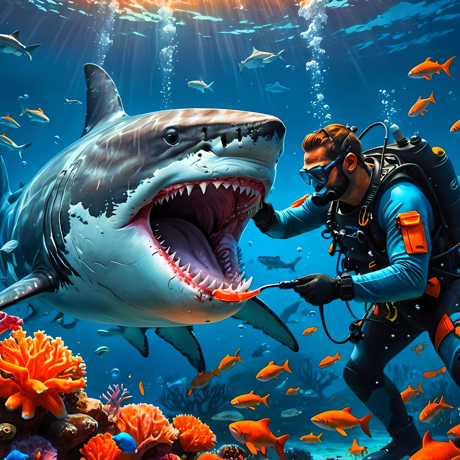 Diver Brushing Great White Shark Teeth: Digital Art