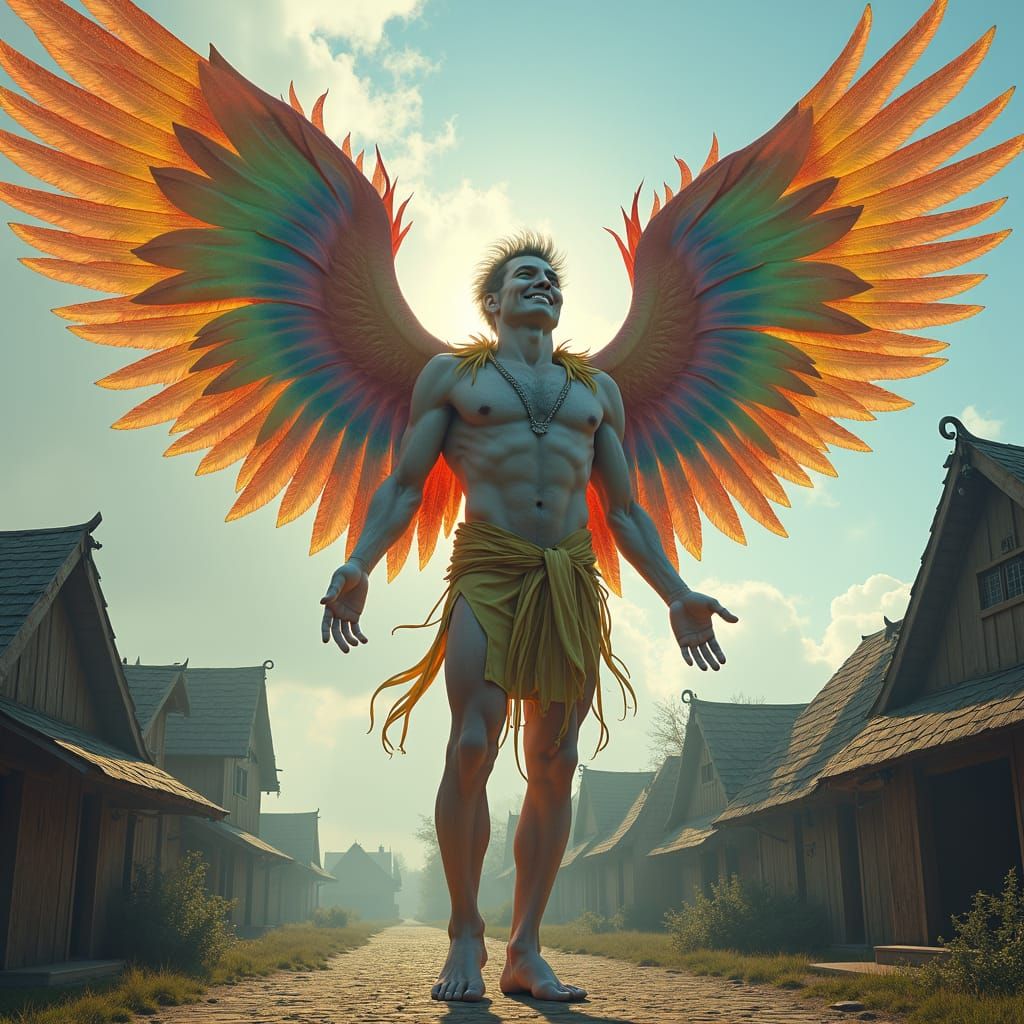 Colossal Winged Man Over Village in Airbrush Style