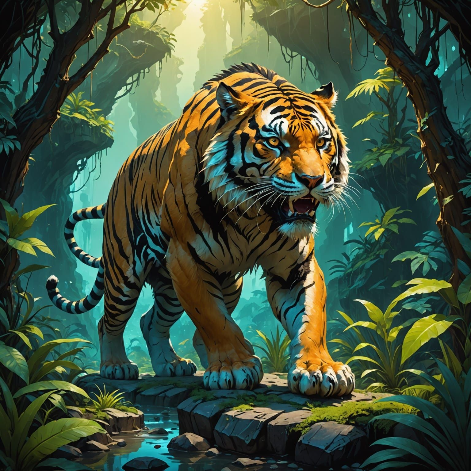 Bioluminescent Mutant Tiger Prowls Alien Jungle