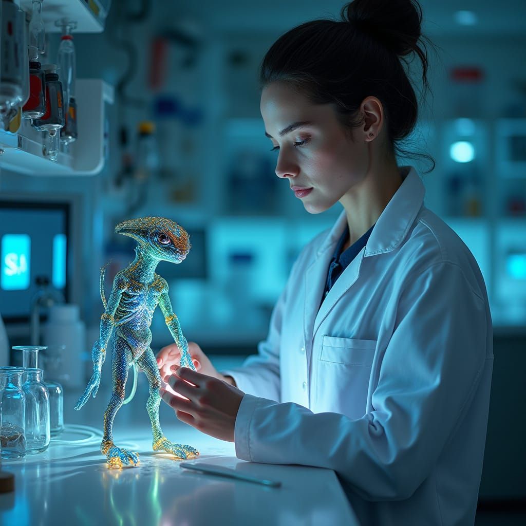 Scientist Examines Bioluminescent Alien Specimen