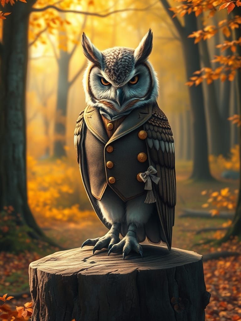 Anthropomorphic Owl with Donkey Tail in Autumn Forest