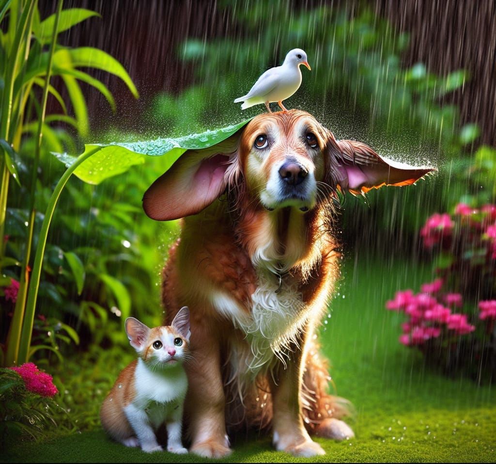 Dog Shelters Cat from Rain in Garden Scene