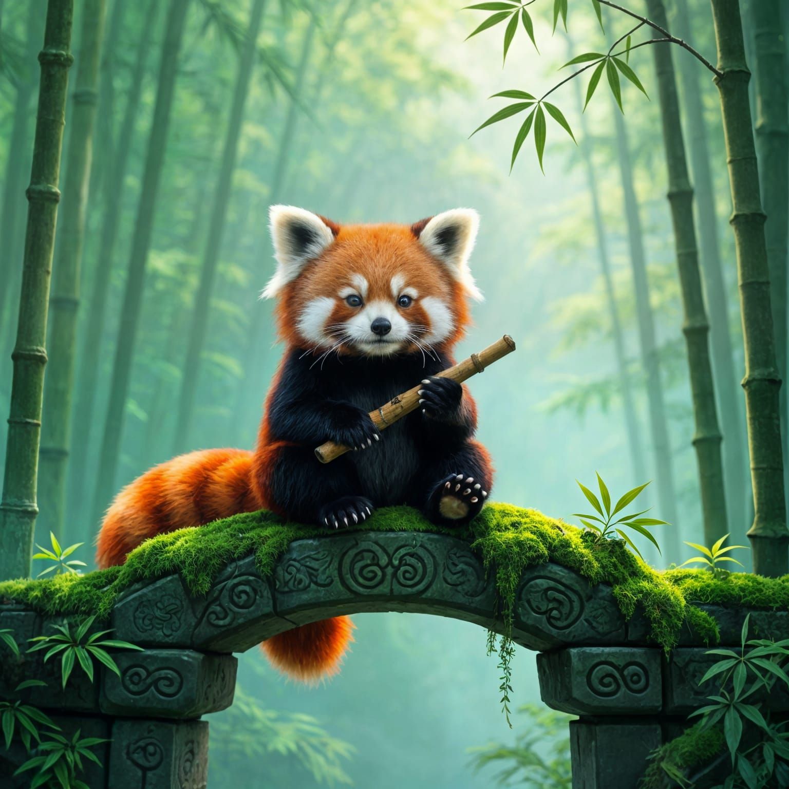 Curious Red Panda on Archway in Misty Forest