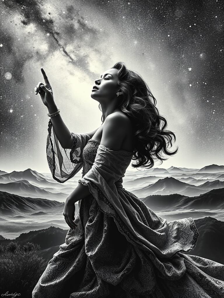 Woman in Cosmic Landscape with Double Exposure Effect