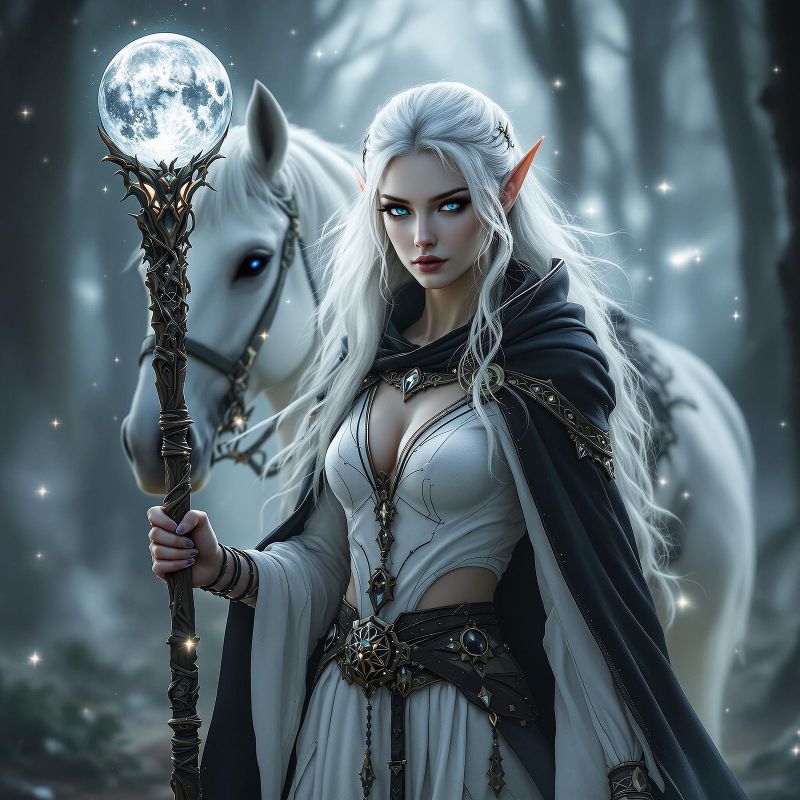 Ethereal Moonlit Druidess in Fantasy Elven Attire