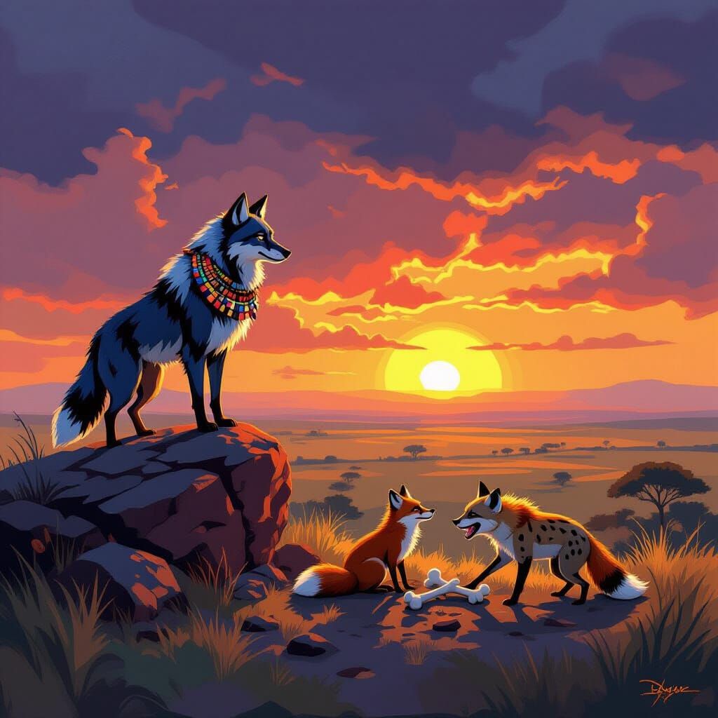 Wolf on Savannah Outcrop in Lion King Style