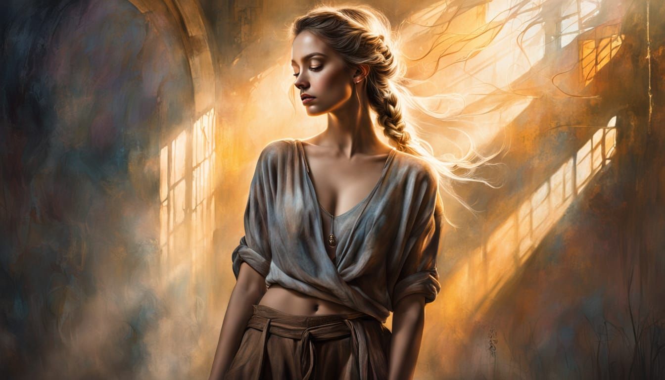 Contemplative Woman in Watercolor Wash, Rembrandt Style