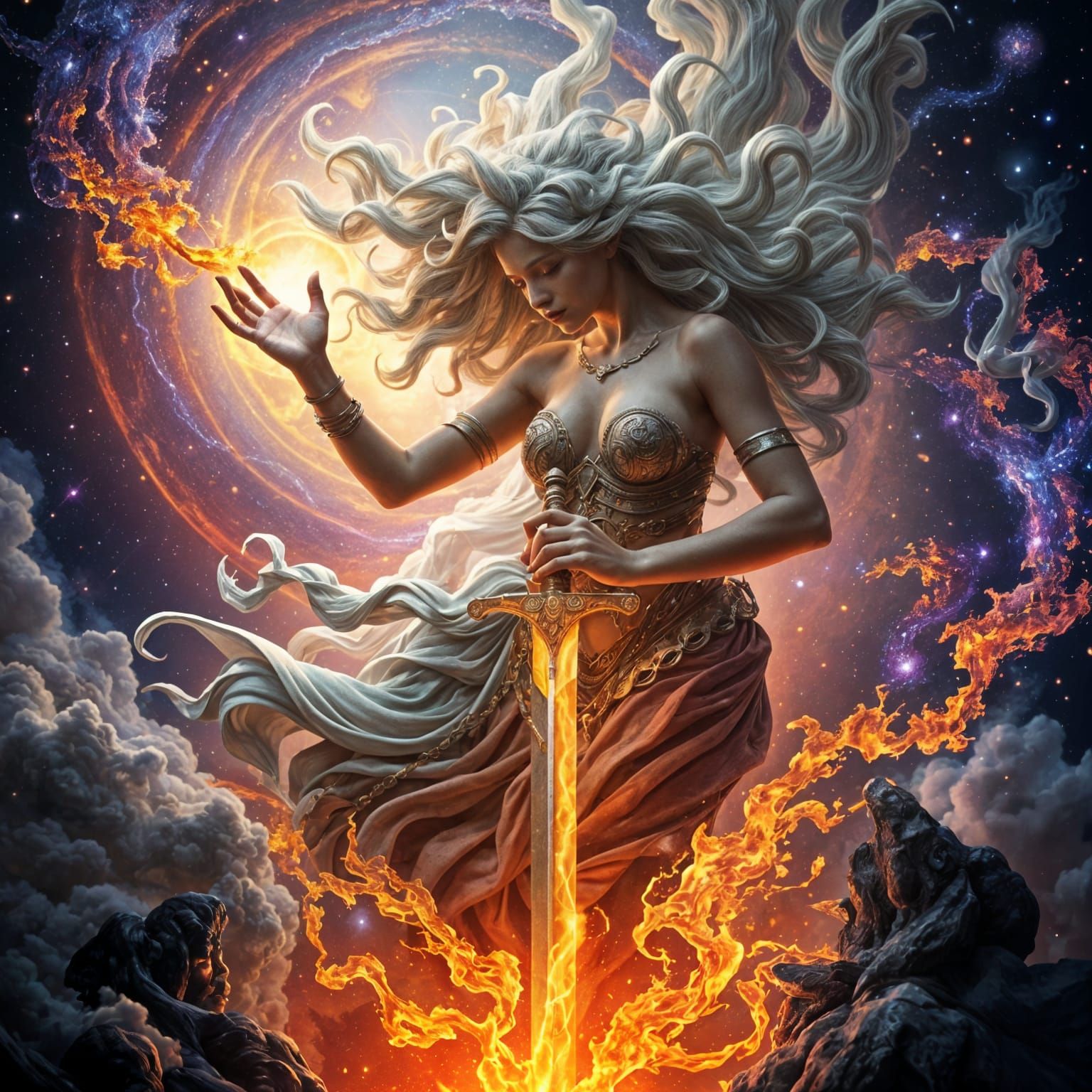 Ethereal Goddess Forges Celestial Sword in Heart of Galaxy
