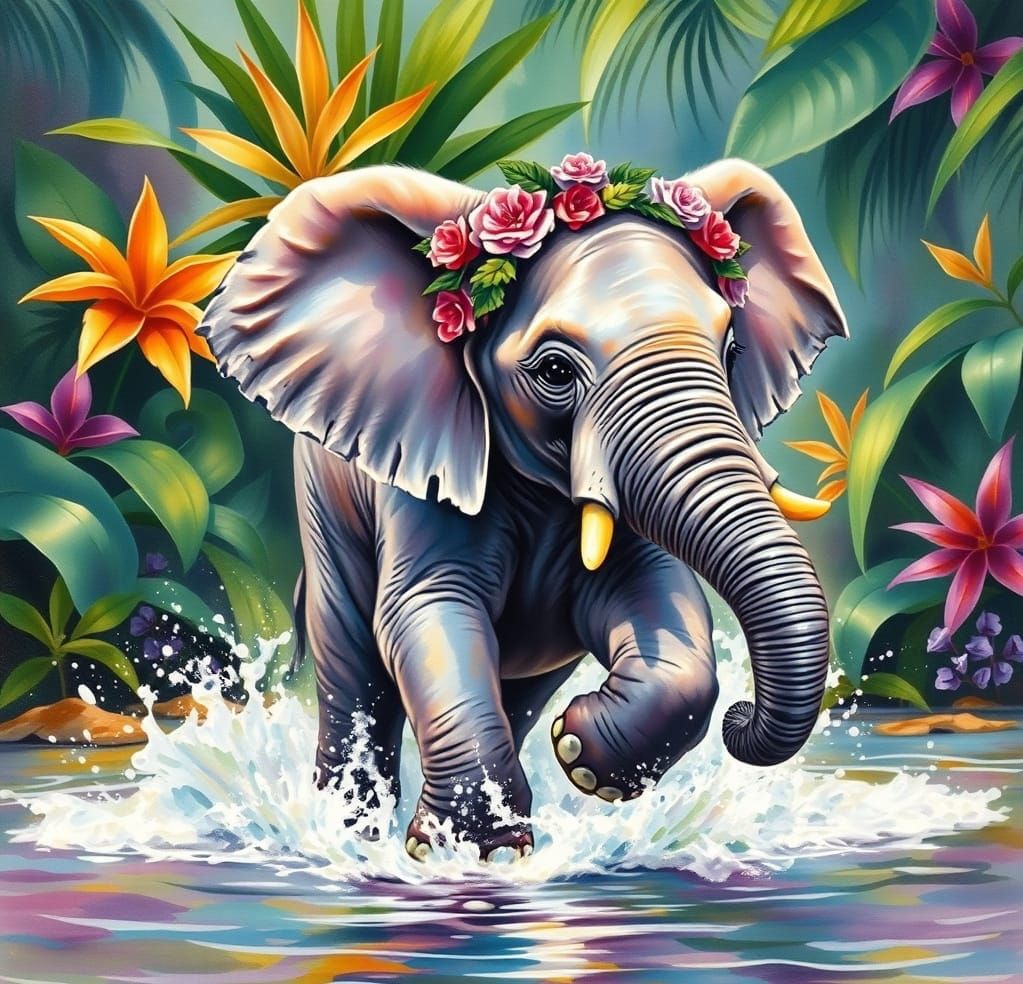 Detailed vivid watercolors and oils, baby elephant rushing t...