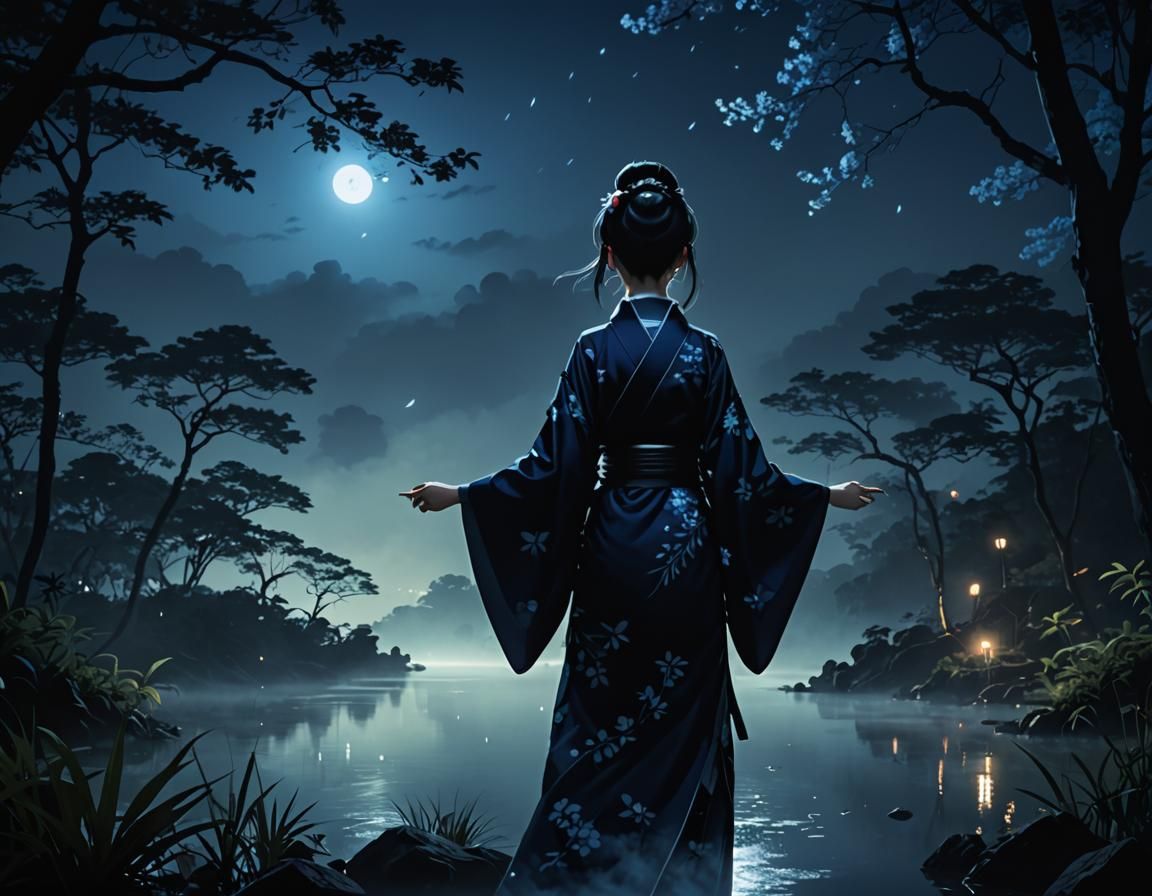 Glowing Kimono by Misty Lake at Night