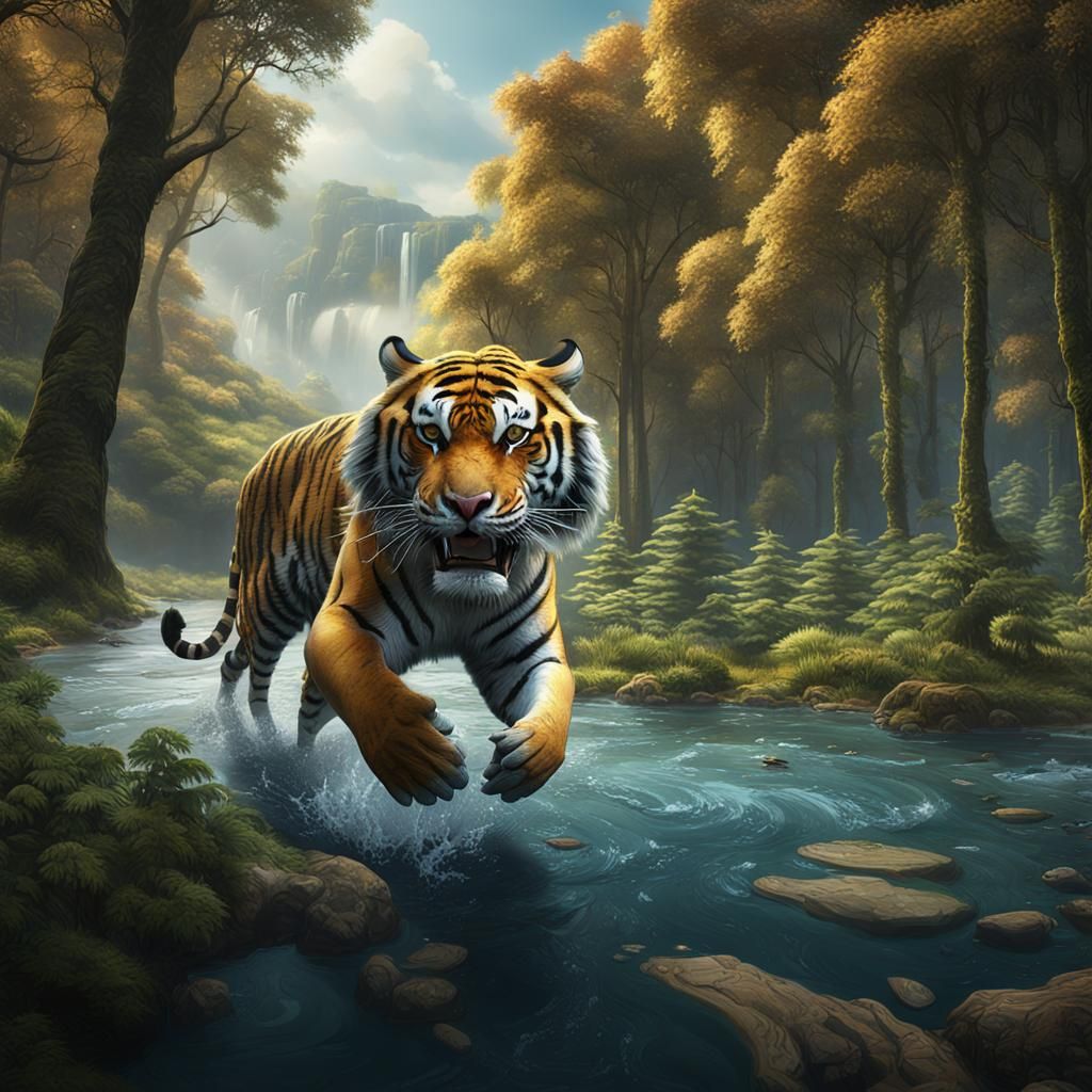 Tiger Catching Fish in a Fantastical Landscape