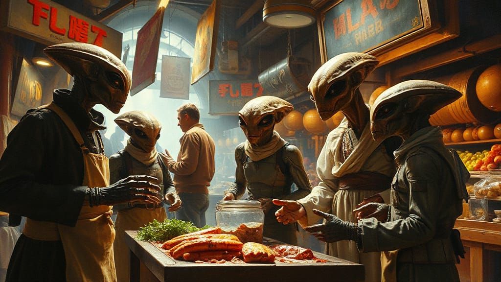 Galactic Market Haggling: An Alien Oil Painting