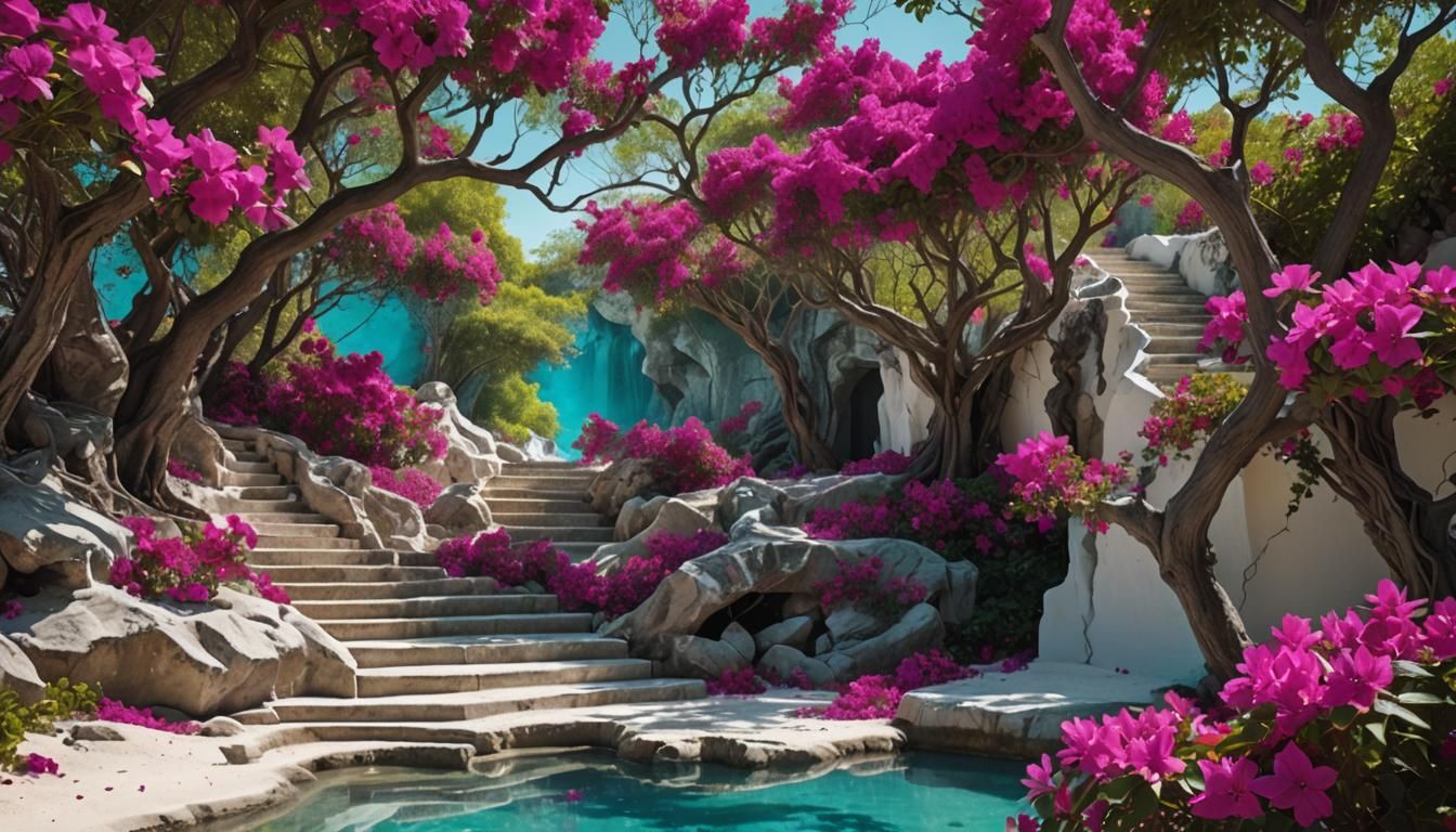 Enchanted Forest with Bougainvillea and Turquoise Pool
