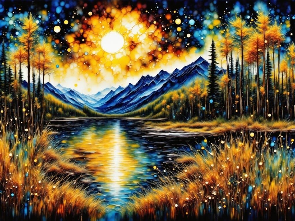 Mountain Lake Cabin Scene in Watercolor Style