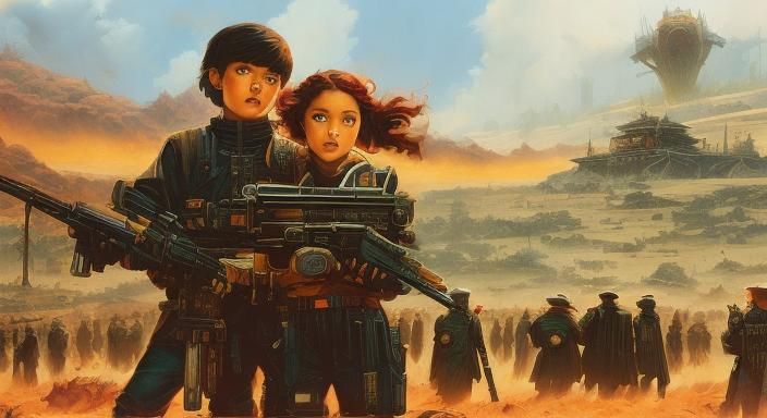 Menacing Monster Threatens Siblings in Retro Sci-Fi Art