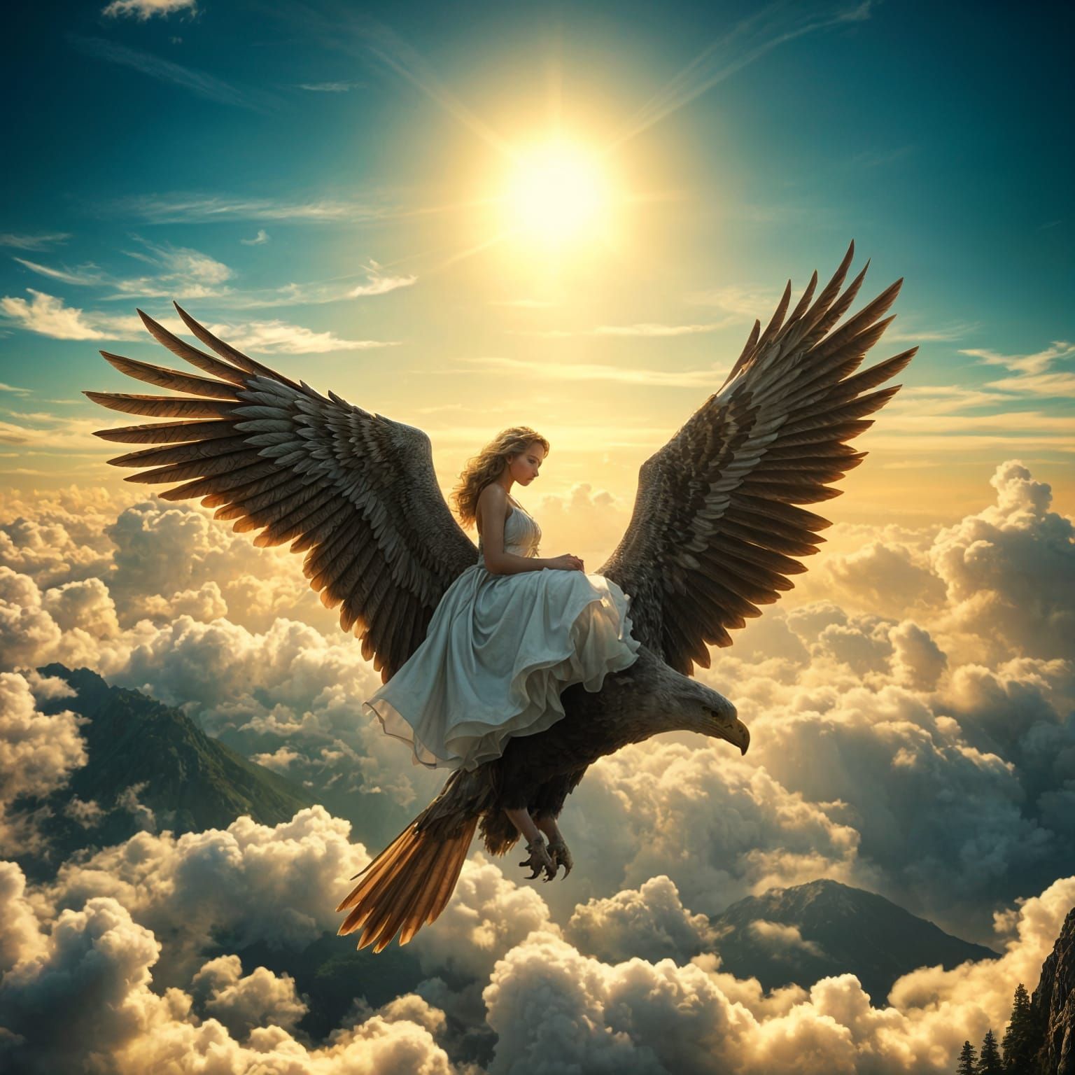 Epic Angel Rides Eagle Through Mountain Landscape