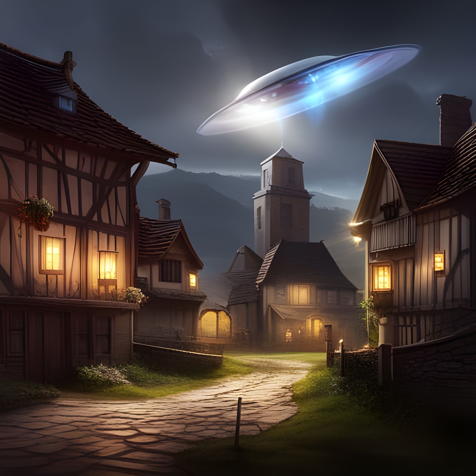 UFO Landing in Medieval Fantasy Village
