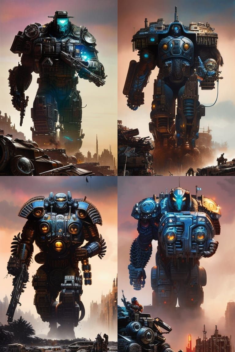 Armored Cyborg Beast Charges Through Wasteland: Watercolor A...