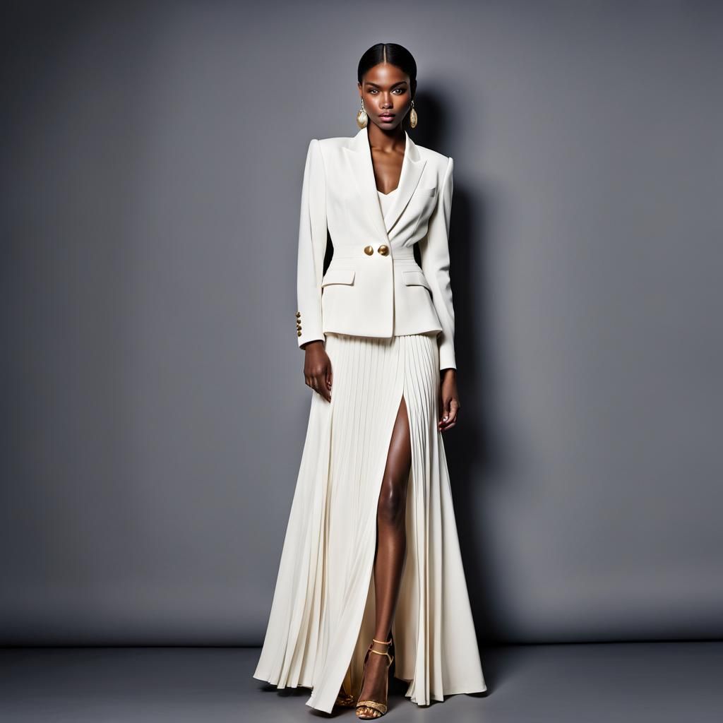 modern fashion shoot set in an elegant studio with a dark backdrop. The model is poised and confident, wearing a luxurio...