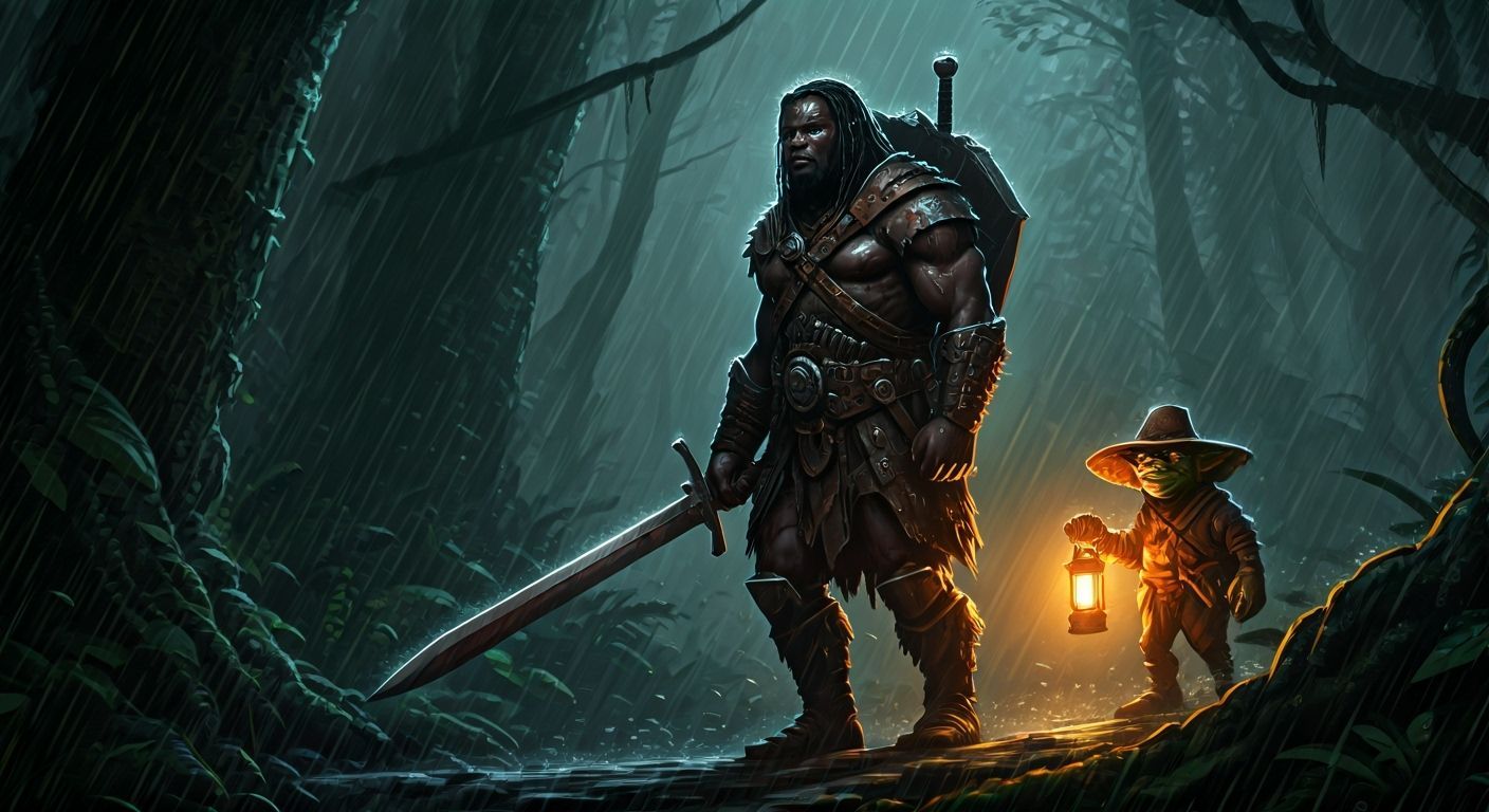 Fantasy Warrior & Goblin in Rain Forest: Dark Fantasy Art