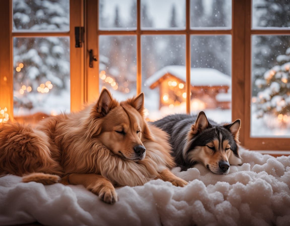 Snowy Serenity: Dogs and Cats Slumber by a Winter Window