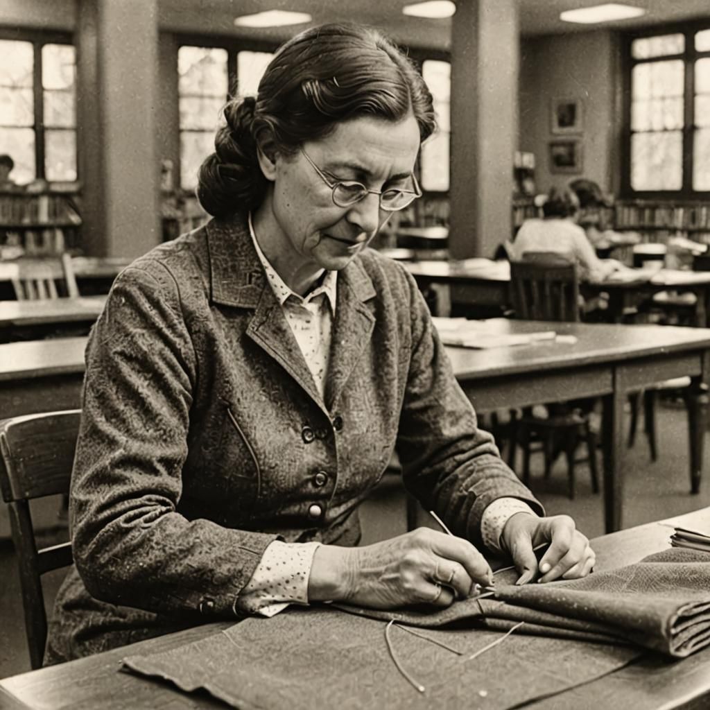Woman Sewing Quietly at a Public Library
