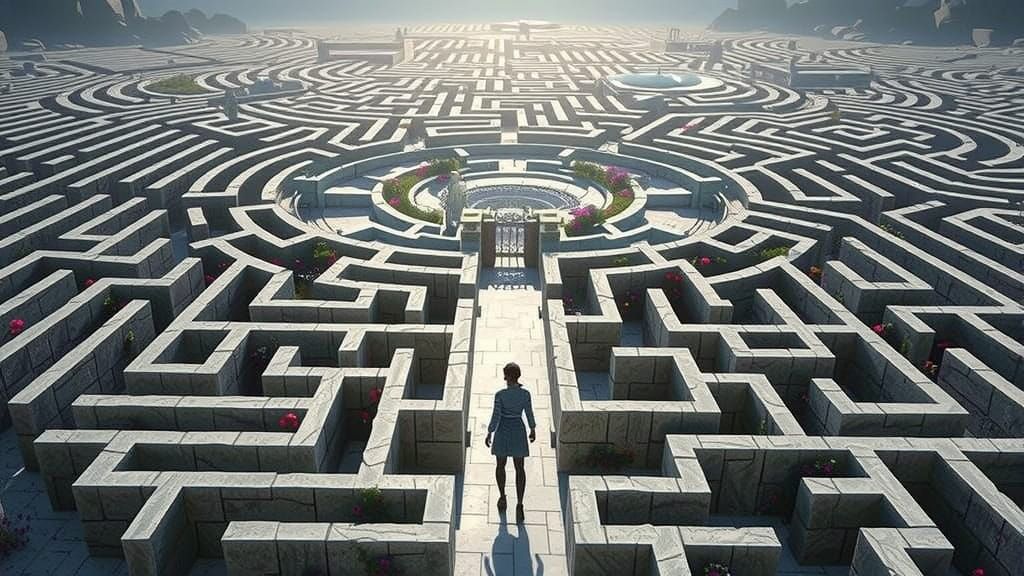 Intricate Labyrinth with Ancient Stone Walls and Vibrant Fol...
