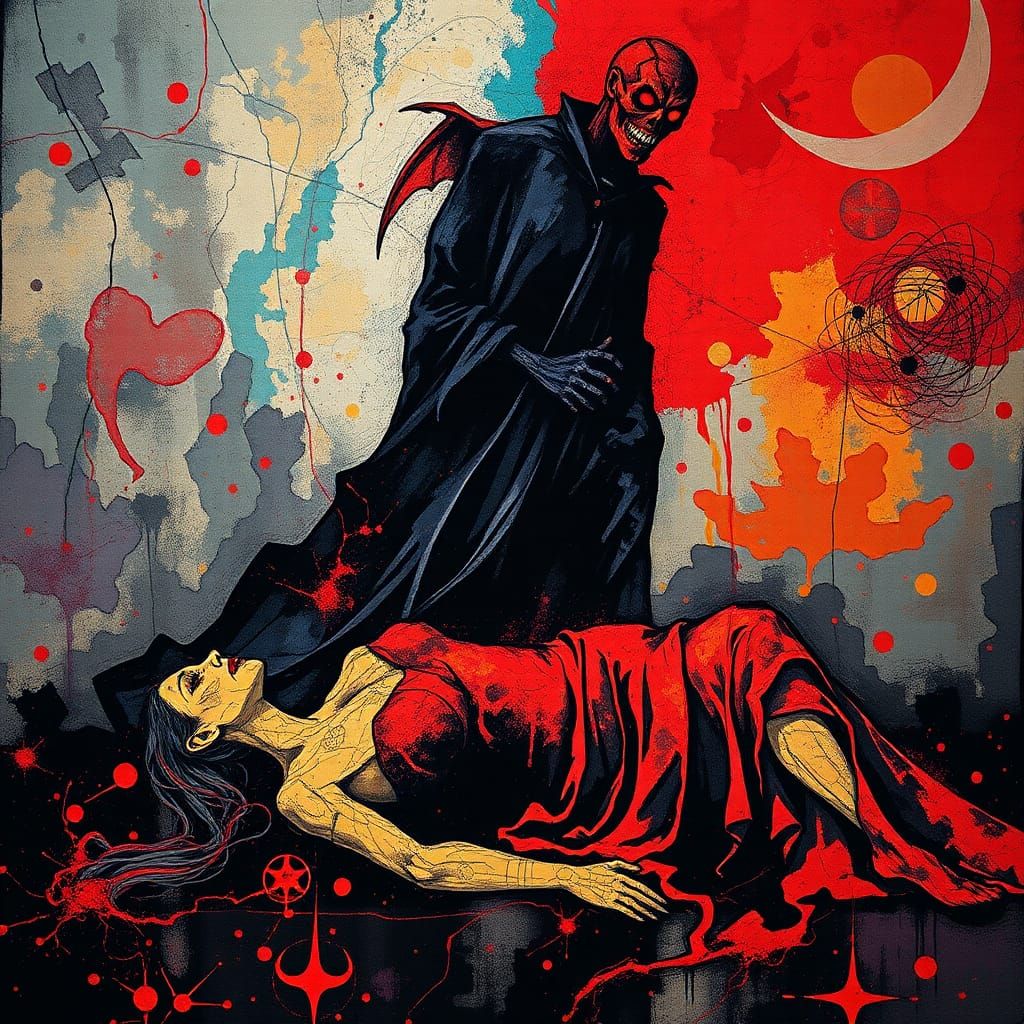 Abstract Expressionist Batik of an Angry Vampire