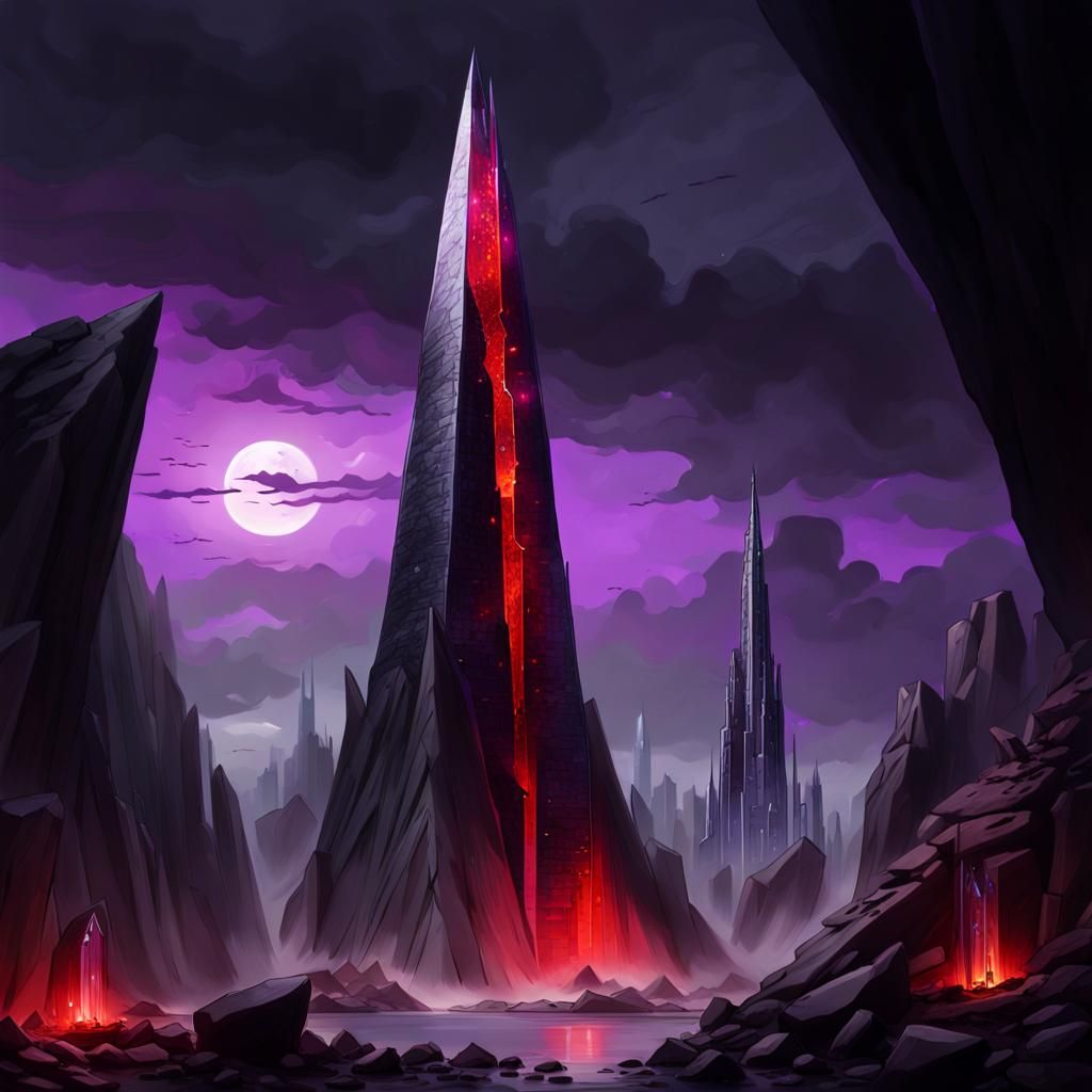 Giant Red Crystal Shard Over Dark Ancient City