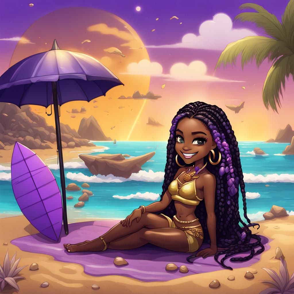 Smiling Chibi Lady on Beach in Digital Art