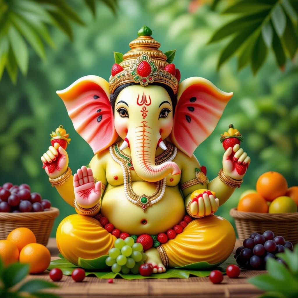 Lord Ganesha Made of Fruits in Hyper-Realistic Style