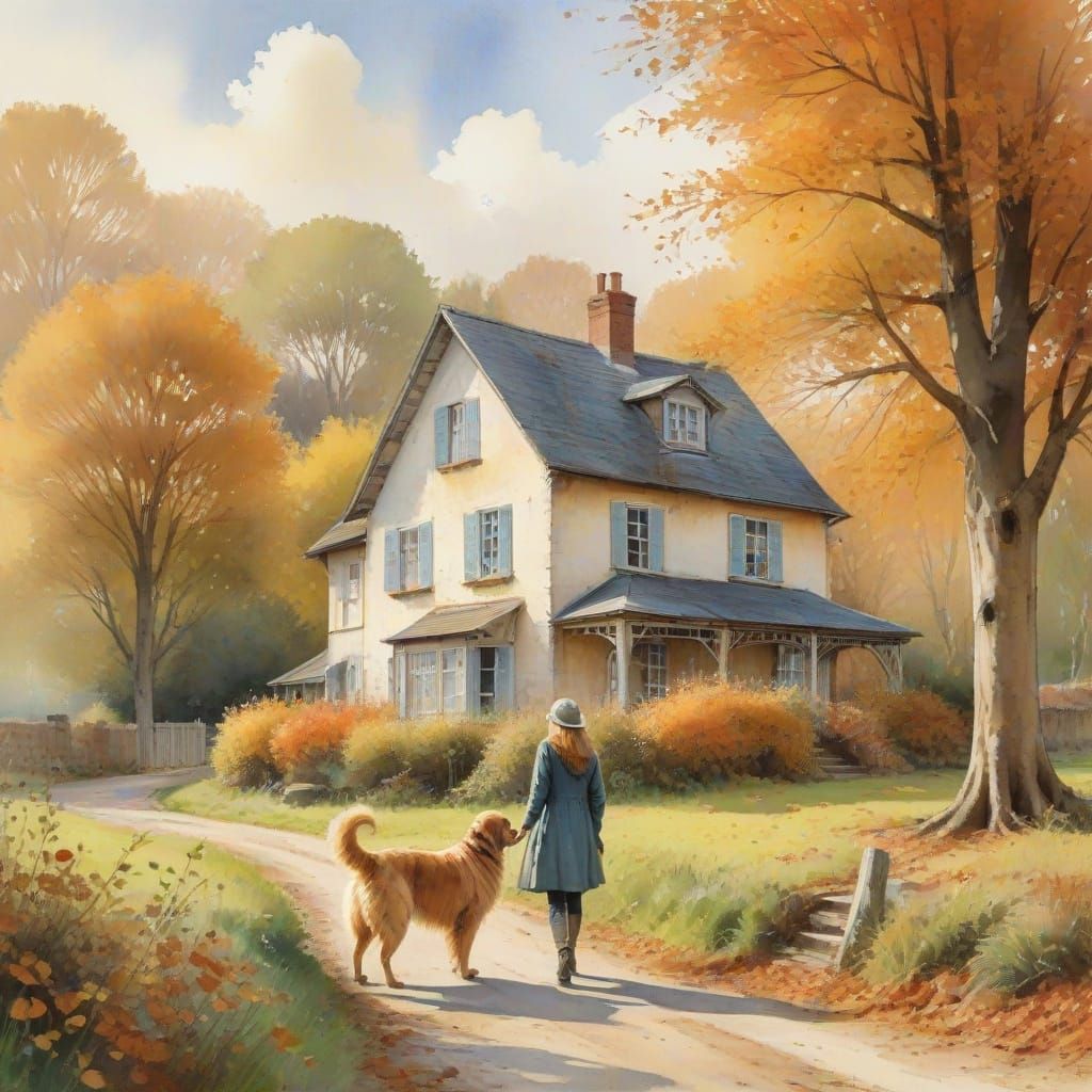 Autumn Scene: Woman, Dog, and Old House in Watercolour